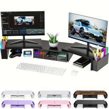 Pygocereri Dual Monitor Stand Riser, Metal Monitor Desk Accessories with Drawer and 2 Pen Holder, Adjustable Length and Angle - Computer Monitor Stan