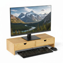 Osco Bamboo Monitor Stand Riser with 2 Drawers – Fully Assembled Sustainable MOSO Bamboo Desk Raiser for Computer or Laptop – Natural Wood Finish,