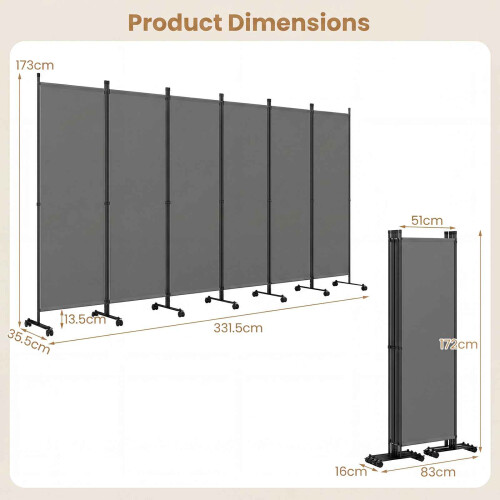 Costway Room Divider 6 Panel Folding Privacy Screen Lockable Rolling Wheels 2