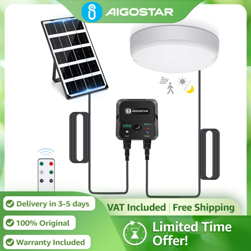Aigostar Plafón LED Solar de Techo 35W Blanco con Sensor, Mando y IP65