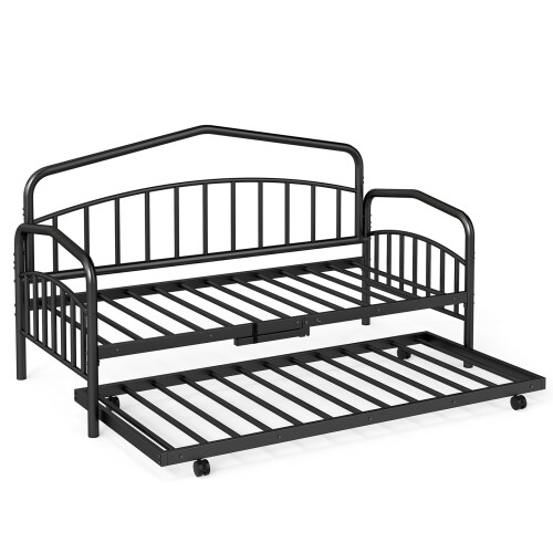 Costway Single Daybed Rolling Pull Out Trundle Day Lockable Wheels Bed Frame