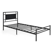 Single Bed Frame Upholstered Headboard Metal Slats