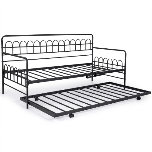 Costway Single Daybed Trundle Metal Pull out Sofa Bed Curved Backrest