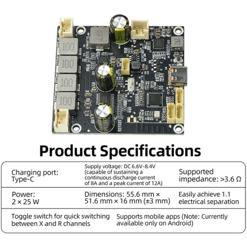 2X25W  Audio Amplifier Module Integrated Charging TYPE C Android APP Tuning Synchronous Boost Amp Board for DIY 2