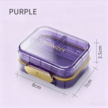Matkakokoinen viikoittainen pillerirasiasäilytin, violetti, 4 lokeroa, 8 x 7 x 3,5 cm, vedenpitävä