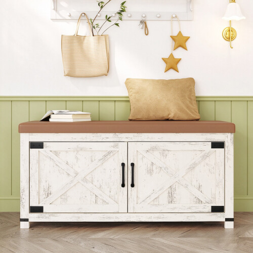 Shoe Storage Bench with 2 Barn Doors and Padded Seat White-Brown