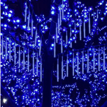 Guirnalda de luces LED solares azules tipo lluvia de 30 cm, impermeable, para exteriores, ideal para bodas, Navidad, jardines y árboles.