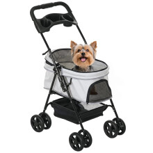 PawHut Cochecito plegable para perros pequeños, gris claro, 67x45x96 cm, acero y tela Oxford, capota ajustable y cesta