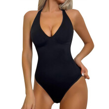 (3XL, Black) Halter Neck Seamless Bodysuit with Waist Control, Low-Cut Thong & Ab Tummy Shapewear