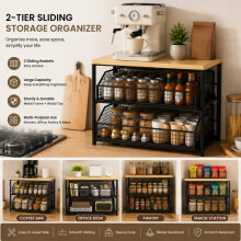 Organizador de encimera de cocina de 2 niveles con cajón y cesta de alambre, estante de madera y metal para microondas y café