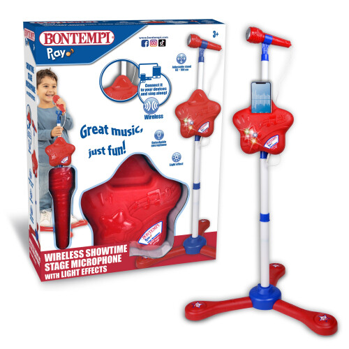 Bontempi Drahtloses Bühnenmikrofon mit verstellbarem Stativ, Blau/Rot 1