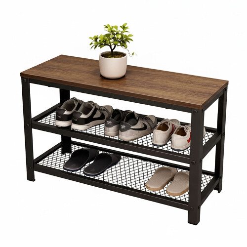 Schuhbank mit Sitzfläche und 2 Drahtablagen, braune Sitzfläche 1