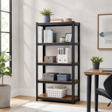 Metallregal mit 5 Ablagen in Holzoptik, Tragkraft 500 kg, Schwarz, Braun