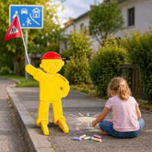 Kindersicherheitswarnfigur für Straßen mit roter Flagge, gelb, 84 cm groß