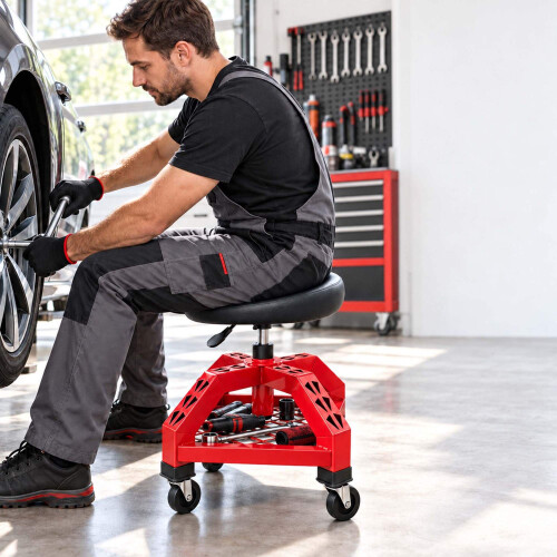 Sgabello da officina con schienale e sollevamento a gas, altezza 50–65 cm