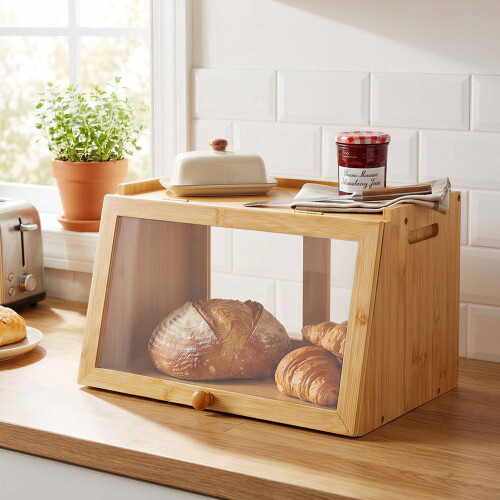 Contenitore per il pane in bambù con finestra di visualizzazione e ripiano superiore