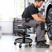 Werkstatthocker mit Rollen und 2-stufiger Werkzeugablage, 42–56 cm, max. 120 kg