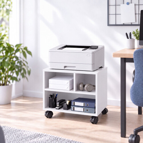 Supporto mobile per stampante con rotelle e 3 scomparti, bianco