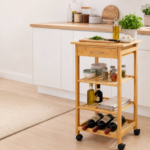 Carrello da cucina in bambù con cassetto e portabottiglie, 4 ripiani