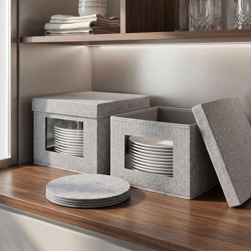 Set di 2 scatole porta piatti con 24 inserti in feltro, colore grigio