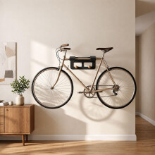 3-in-1 Fahrradwandhalterung mit Ablage und Haken, Stahl und Holz – Schwarz