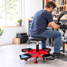 Höhenverstellbarer Werkstatthocker mit 4 Werkzeugfächern, Schwarz/Rot, 136 kg