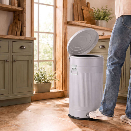 Retro-Tretmülleimer 40 l mit Soft-Close-Deckel, Hellgrau, Eisen 2