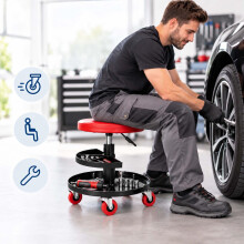 Werkstatthocker mit Rollen und 2-stufiger Werkzeugablage, 42–56 cm, max. 120 kg