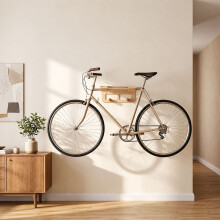 3-in-1 Fahrradwandhalterung mit Ablage und Haken, Stahl und Holz – Beige, 30 kg