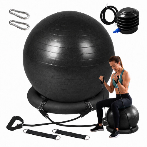 Palla da ginnastica da 65 cm con supporto, elastici di resistenza e pompa, nera 1