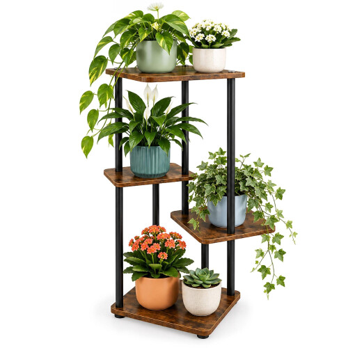 Supporto per piante a più livelli con 4 ripiani quadrati, in ferro e MDF – 80 cm 1