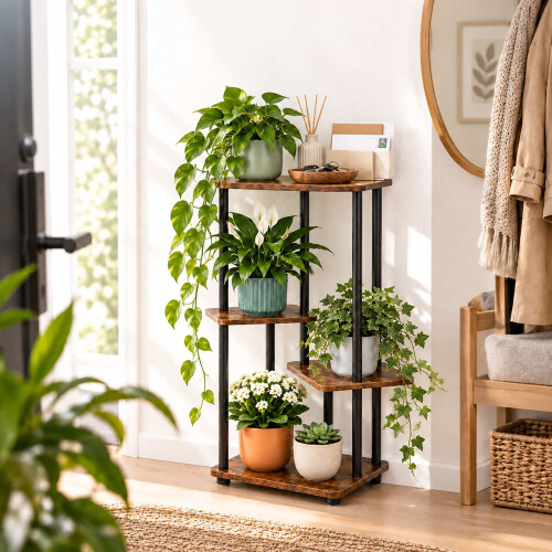 Supporto per piante a più livelli con 4 ripiani quadrati, in ferro e MDF – 80 cm 2