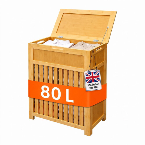Cesto portabiancheria in bambù con coperchio, 80 L, doghe ventilate 1