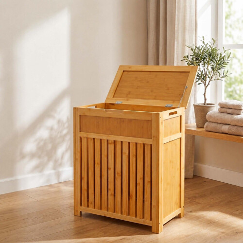 Cesto portabiancheria in bambù con coperchio, 80 L, doghe ventilate 2