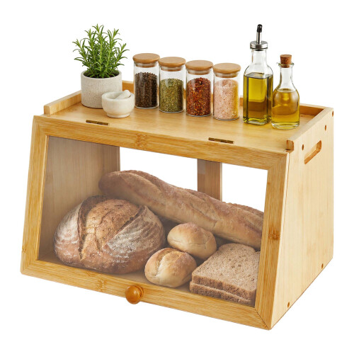 Contenitore per il pane in bambù con finestra di visualizzazione e ripiano superiore 1