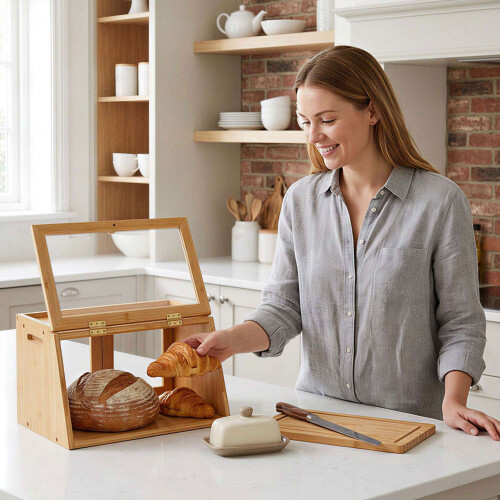 Contenitore per il pane in bambù con finestra di visualizzazione e ripiano superiore 2