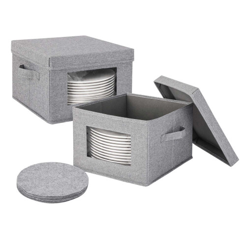Set di 2 scatole porta piatti con 24 inserti in feltro, colore grigio 1