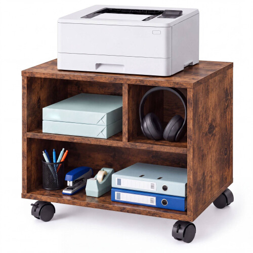 Supporto mobile per stampante con rotelle e 3 scomparti, effetto legno marrone 1