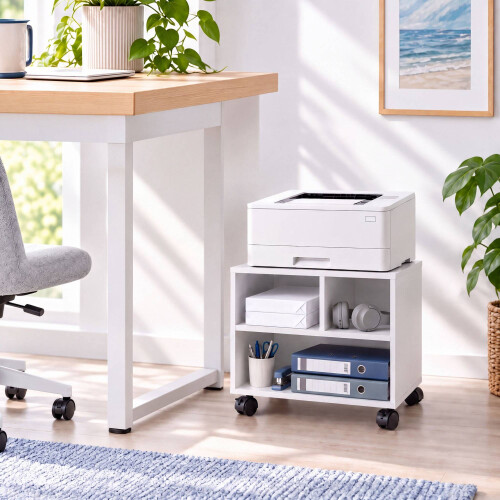 Supporto mobile per stampante con rotelle e 3 scomparti, bianco 2