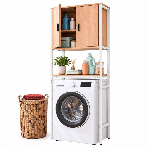 Mobile per lavatrice con 2 scomparti, 170 cm, legno chiaro/bianco 1