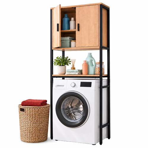 Waschmaschinenschrank mit 2 Fächern, 170 cm, helles Holz/Schwarz 1
