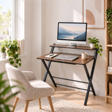 Scrivania pieghevole per computer con supporto per monitor, 2 ripiani