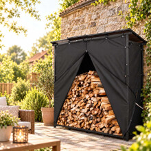 Portalegna da esterno XXL con tetto e copertura protettiva, in acciaio, nero