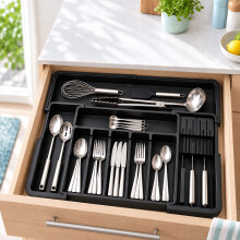 Ausziehbarer Besteckkasten mit Messereinsatz, Breite 33–56.5 cm, Schwarz
