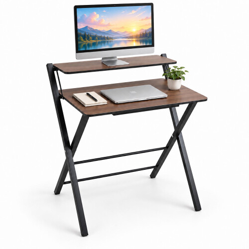 Scrivania pieghevole per computer con supporto per monitor, 2 ripiani 1