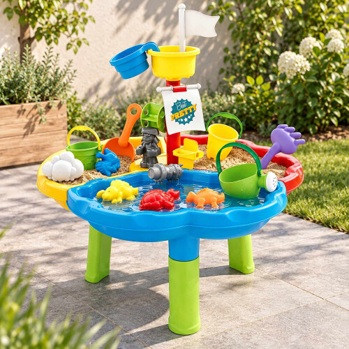 Tavolo da gioco acquatico a tema pirati per bambini con 3 scomparti e set di accessori da 25 pezzi