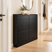 Schmaler Schuhschrank mit 4 ausklappbaren Fächern und 2 Klappen, Schwarz, MDF