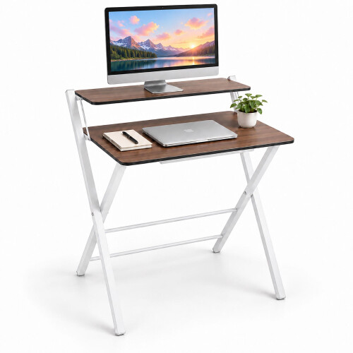 Scrivania pieghevole per computer con supporto per monitor, 2 ripiani 1