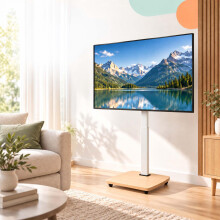 TV-Bodenständer für 43–75 Zoll mit Neige- und Schwenkfunktion, Weiß, Holzoptik