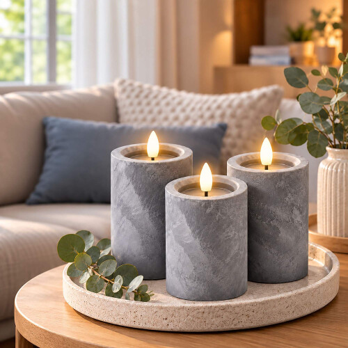 LED-Säulenkerzen-Set (3er-Set) mit 6-Stunden-Timer, Betonoptik, Grau